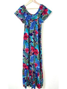 Vtg Hilo Hattie Hawaiian Maxi Dress SzL Off Shoulder Floral Tropical Ruffle Luau